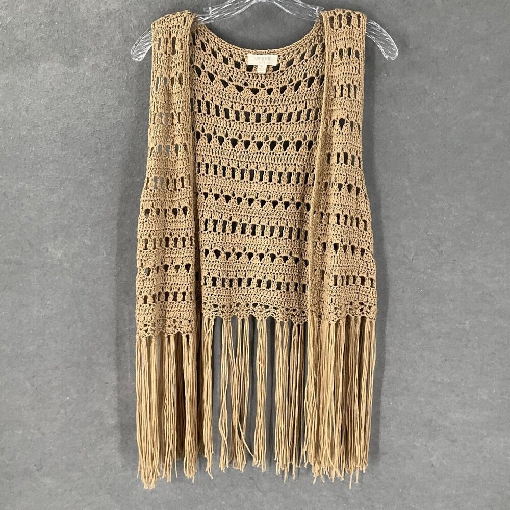 Umgee Crochet Vest Women Sz M Tan Open Knit Fringe Trim Festival Cowgirl Rodeo